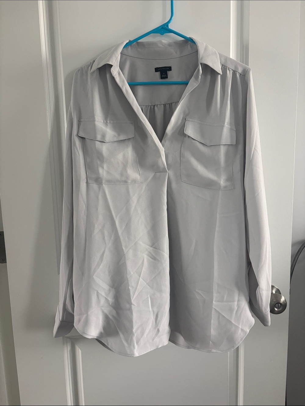 Ann Taylor Light Gray Button-Down Pocket Blouse